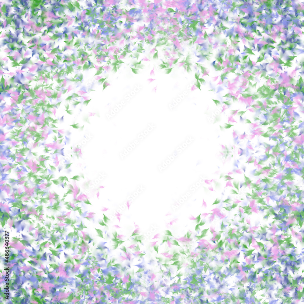 Border background of delicate spring garden florals in pink, green, and purple with white copy space in the center.