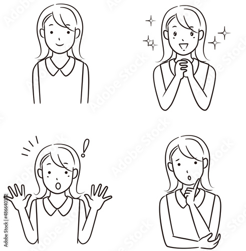 Line drawing facial expression illustration of a young woman