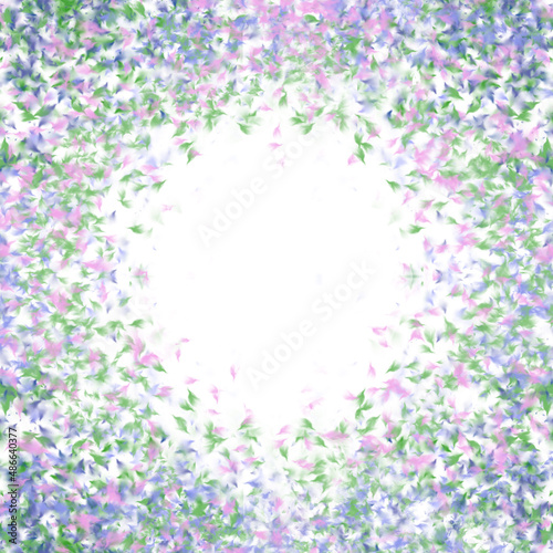 Border background of delicate spring garden florals in pink, green, and purple with white copy space in the center.