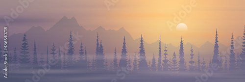 Panoramic view of the morning landscape, the sun rises, forest and mountains in the fog
