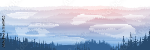 Panoramic view of the valley with lakes, morning light, fog