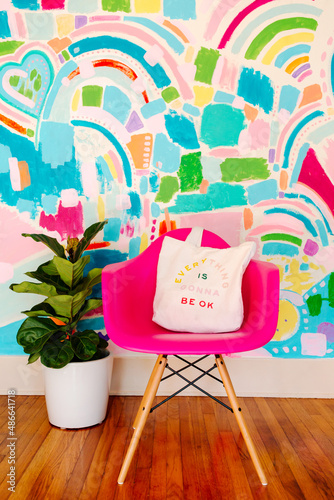 Plant and chair in front of colorful indoor wall  photo