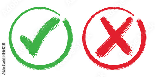Right and wrong icon. hand drawn of Green checkmark and Red cross isolated on white background. Vector illustration.