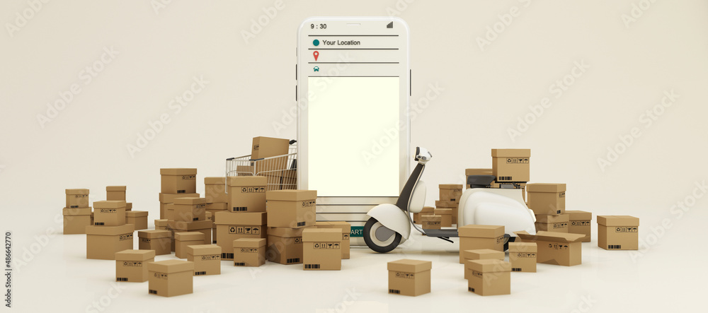 Fast delivery by scooter bike with mobile. E-commerce concept. Online food and shopping crate box order with route map. Webpage, app design. white brown background. panorama frame 3d render Fast delivery by scooter bike with mobile. E-commerce concept. Online food and shopping crate box order with route map. Webpage, app design. white brown background. panorama frame 3d render
