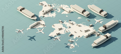 Fototapeta Naklejka Na Ścianę i Meble -  the Earth world map surrounded by cardboard boxes, a cargo container ship, a flying plane, a car, a van and a truck with gps location on blue background 3D rendering isometric view