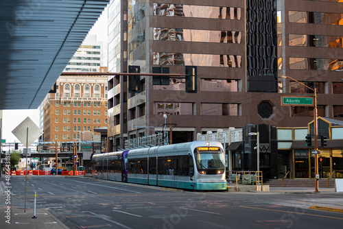 Downtown Phoenix Arizona with light rail train 