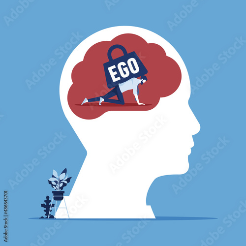 Businessman can barely crawl with a heavy load called ego on his back, the concept of the ego as a habit interfering with a full life