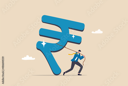 Indian investment opportunity, India economics or financial policy, budget, currency or wages and income concept, success businessman investor pulling large Indian rupee money symbol.