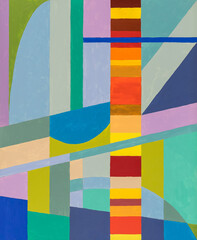 An abstract painting with a column of warm colours