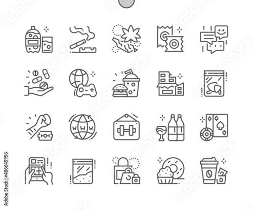 Addiction. Smoking marijuana. Narcotic mushrooms. Alcohol, gambling, drug and other. Unhealthy. Pixel Perfect Vector Thin Line Icons. Simple Minimal Pictogram
