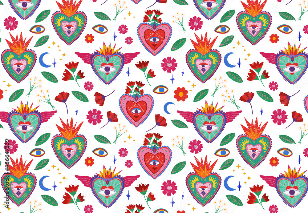 Sacred hearts and flowers, love illustration Sacred hearts and flowers, love illustration