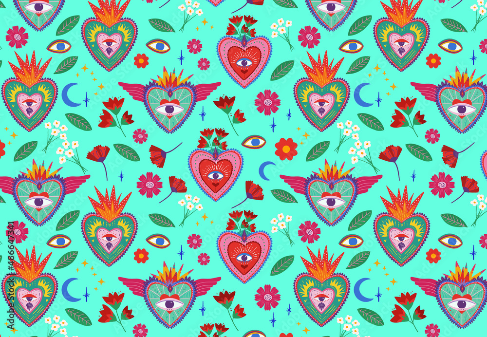 Sacred hearts and flowers, love illustration