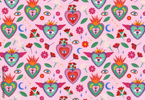 Sacred hearts and flowers, love illustration