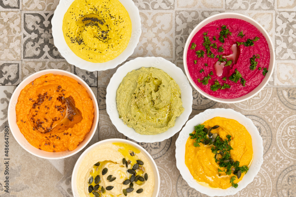 Healthy food : colorful hummus bowls Healthy food : colorful hummus bowls