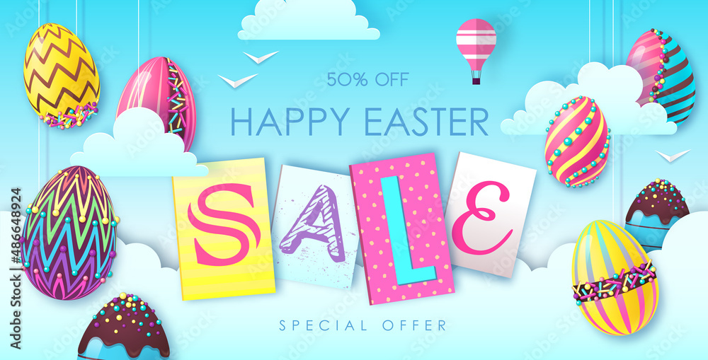 Holiday Easter background with colorful easter eggs and clouds. Easter sale poster. Vector illustration