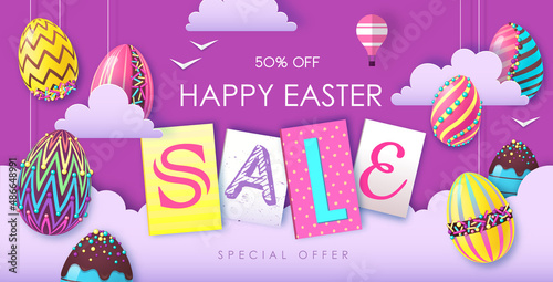 Holiday Easter background with colorful easter eggs and clouds. Easter sale poster. Vector illustration