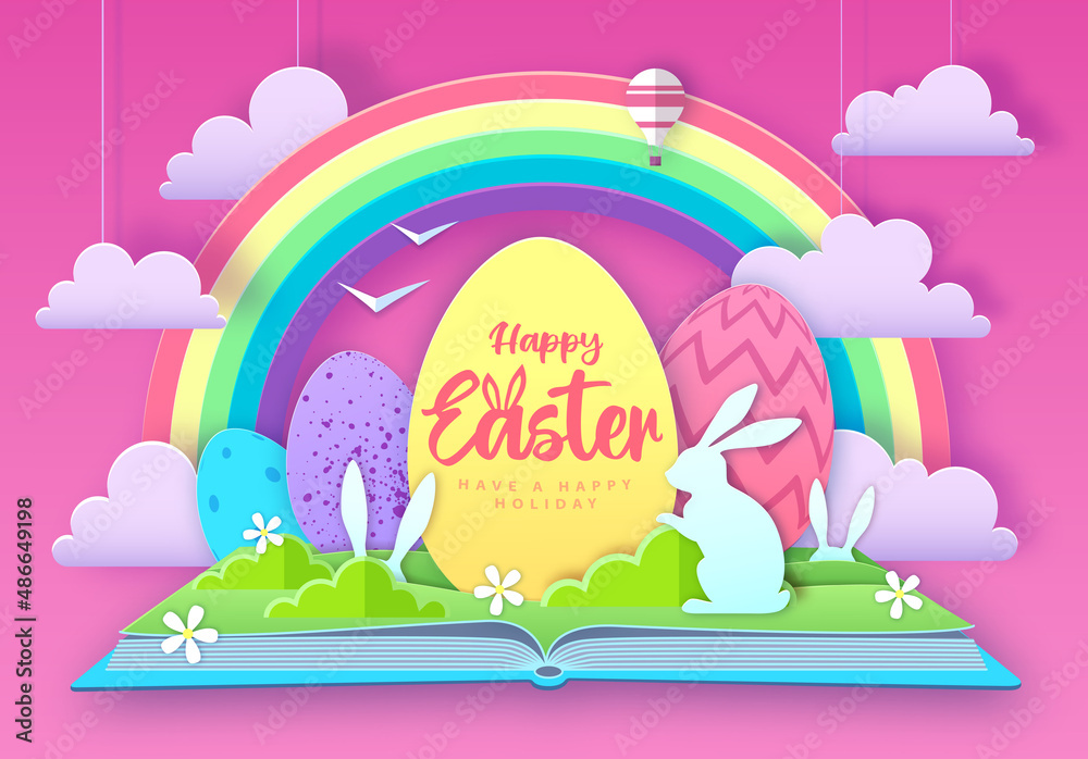 Open fairy tale book with Easter eggs and rabbits. Cut out paper art style design. Vector illustration