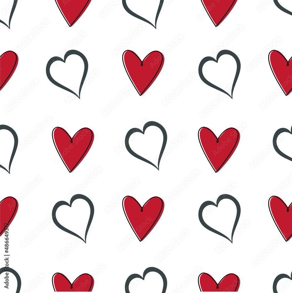 heart love pattern with hearts. white and red sketchy background for wrapping paper, fabrics, wallpapers, postcards and more.