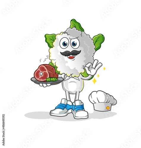 cauliflower head cartoon chef with meat mascot. cartoon vector