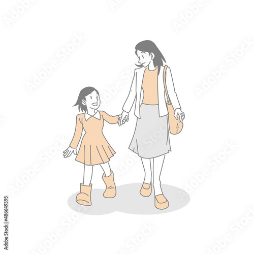 手を繋いで歩く母親と子供