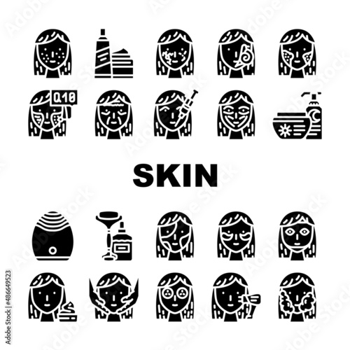 Facial Skin Care And Treatment Icons Set Vector. Couperose And Acne Face Skin Problem, Massage And Laser Lifting Beauty Spa Salon Procedure Toner Scrub Cosmetology Glyph Pictograms Black Illustrations