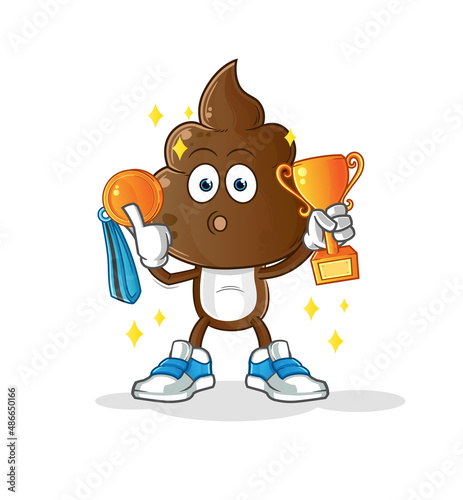 human shit head cartoon winner with trophie. cartoon character