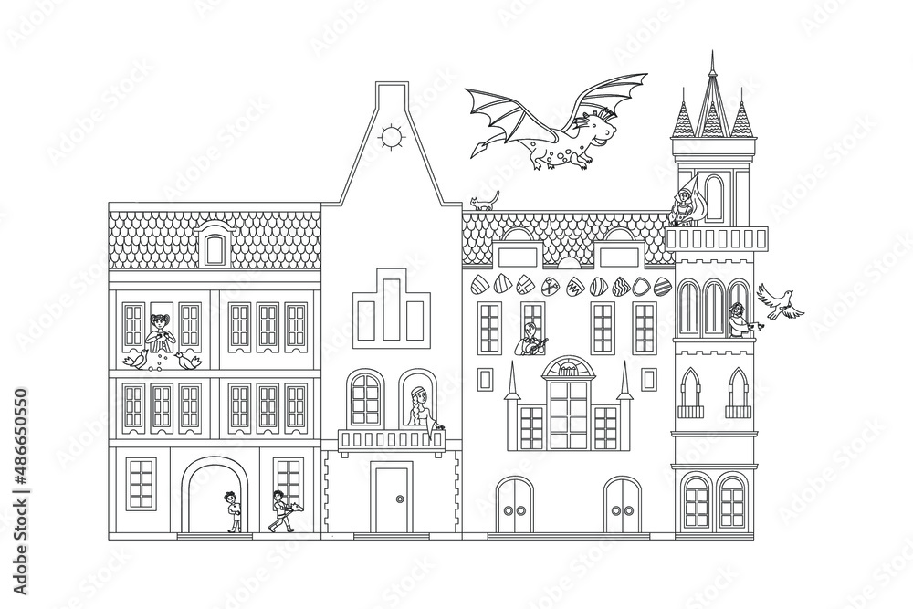Vector medieval street doodle.Vector line illustration.Coloring adult book. Fairy houses with princess, cavalier and dragon.