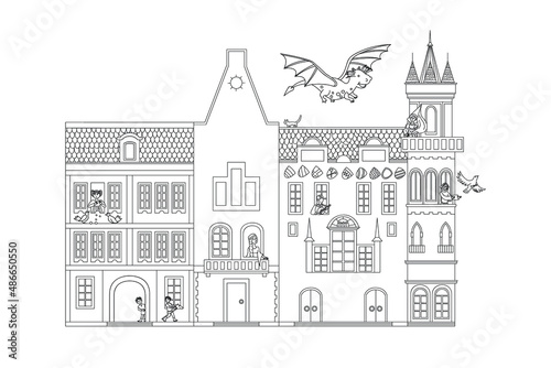 Vector medieval street doodle.Vector line illustration.Coloring adult book. Fairy houses with princess  cavalier and dragon.