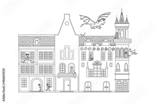 Vector medieval street doodle.Vector line illustration.Coloring adult book. Fairy houses with princess, cavalier and dragon.