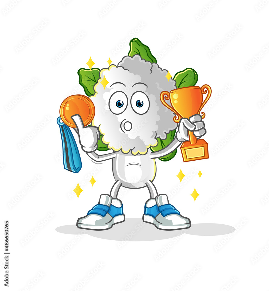 cauliflower head cartoon winner with trophie. cartoon character