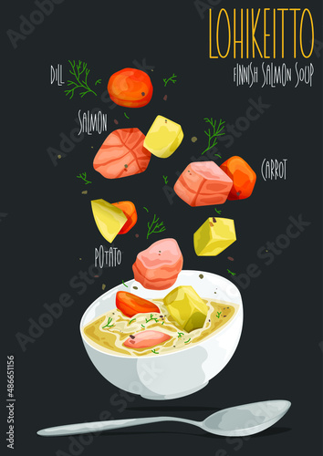 Lohikeitto, salmon fish soup with cream, potato, carrots and dill. Lohikeitto is a traditional Finnish and Karelian salmon soup. Vector illustration