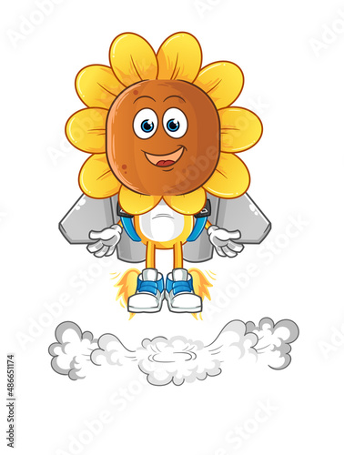 sunflower head cartoon with jetpack mascot. cartoon vector