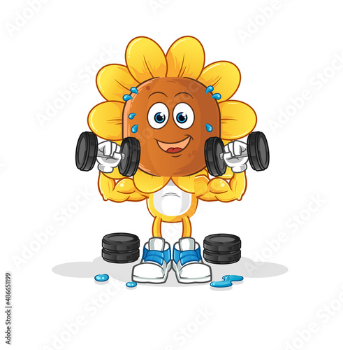 sunflower head cartoon weight training illustration. character vector