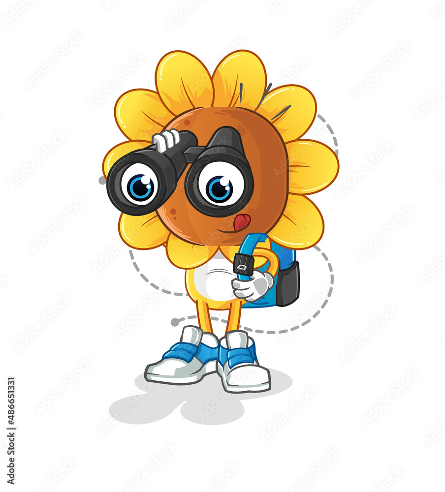 sunflower head cartoon with binoculars character. cartoon vector