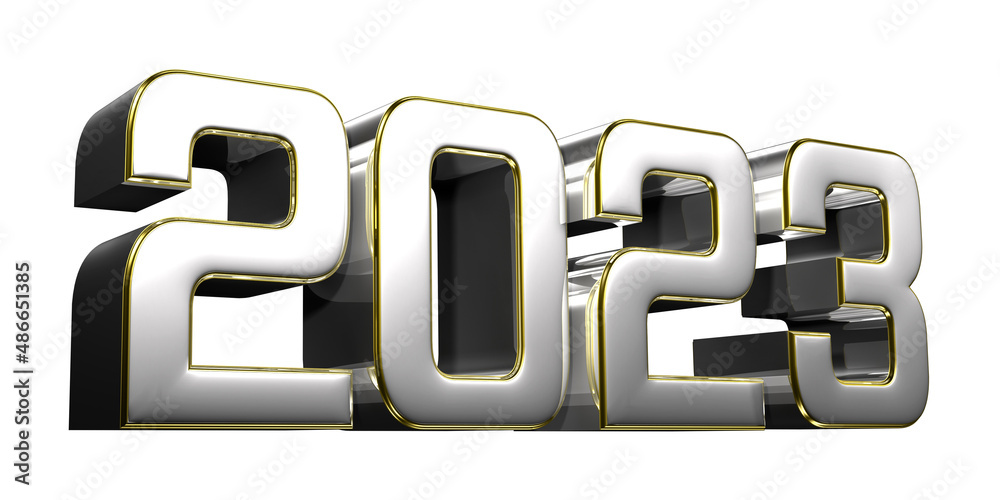 2023 stainless steel gold rim 3D illustration on white background with clipping path. 2023 stainless steel gold rim 3D illustration on white background with clipping path.