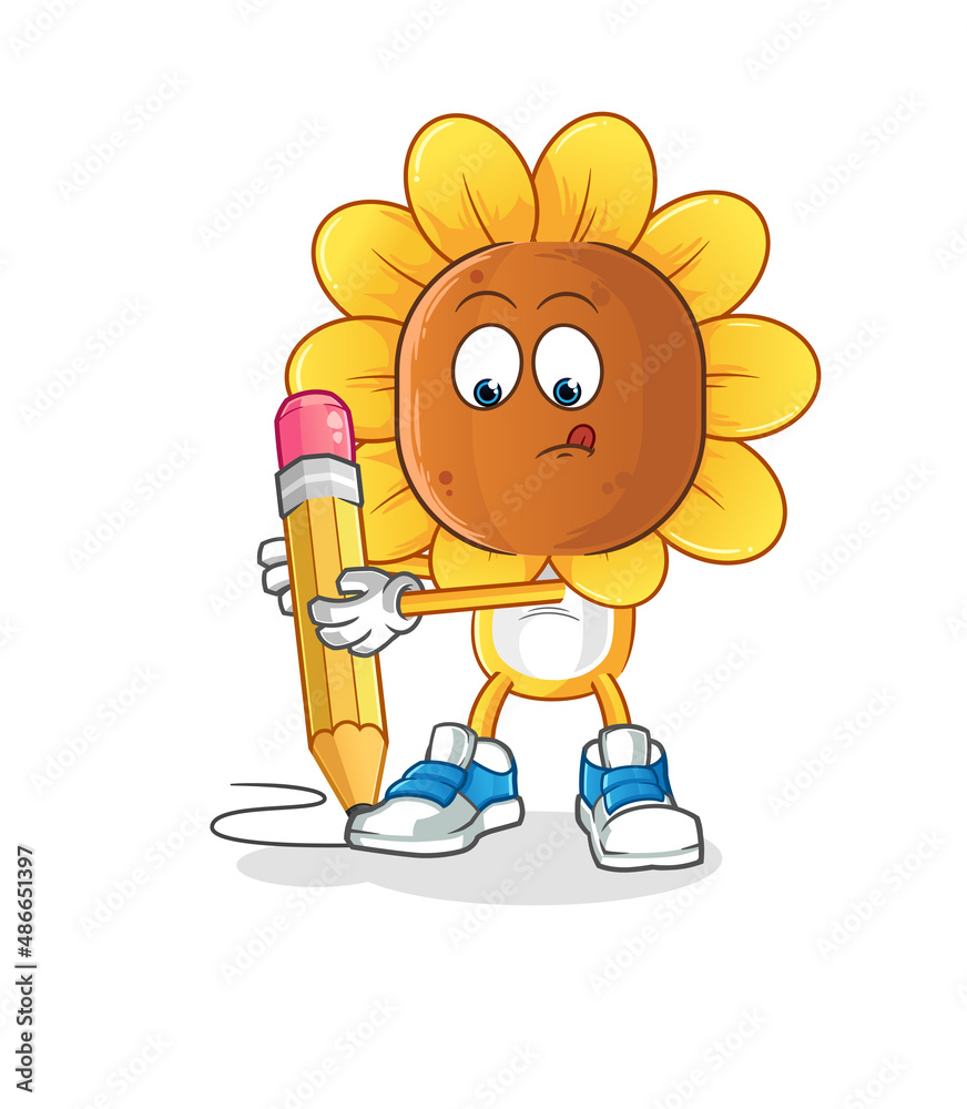 sunflower head cartoon write with pencil. cartoon mascot vector