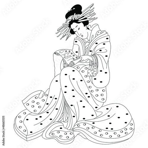 Reading Japanese woman in kimono. Traditional vintage style. Black and white linear silhouette. Isolated vector illustration.