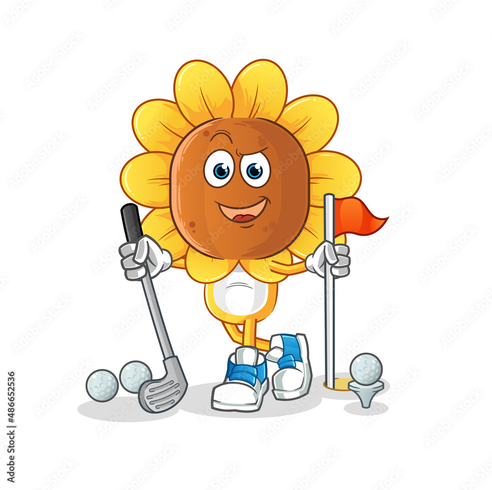 sunflower head cartoon playing golf vector. cartoon character sunflower head cartoon playing golf vector. cartoon character