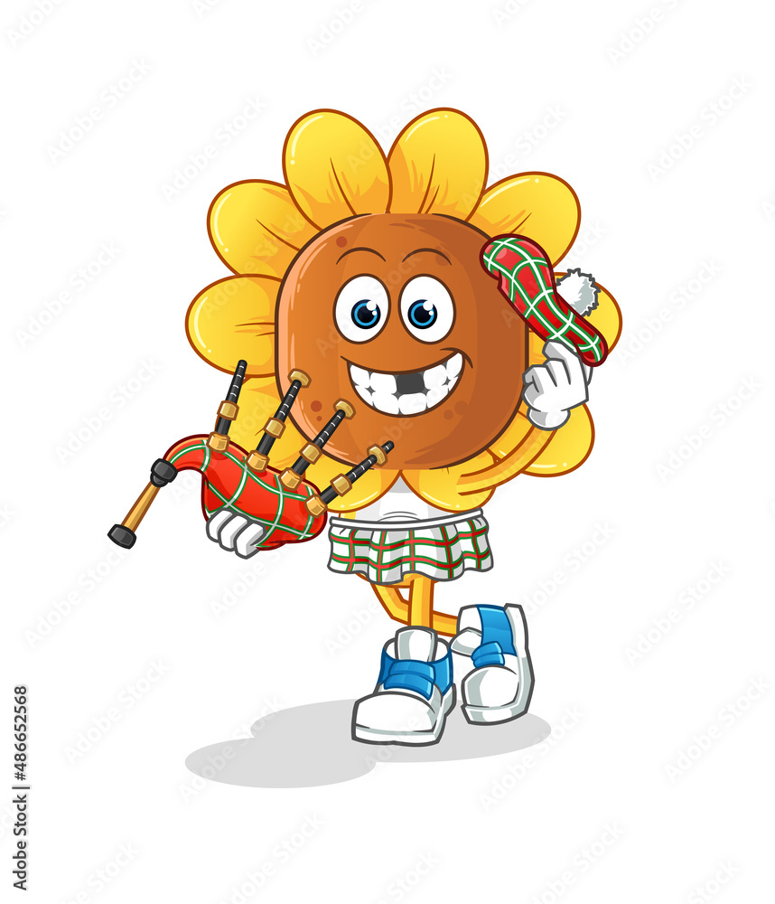 sunflower head cartoon scottish with bagpipes vector. cartoon character