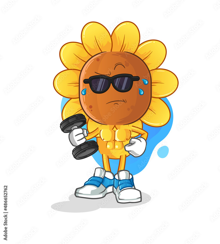 sunflower head cartoon lifting dumbbell vector. cartoon character sunflower head cartoon lifting dumbbell vector. cartoon character