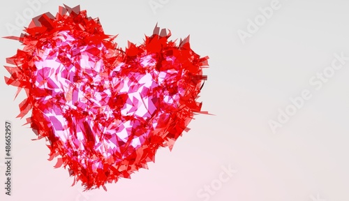 3D image of a stylized heart made of thin glass fragments. The concept of romance and romantic relationships