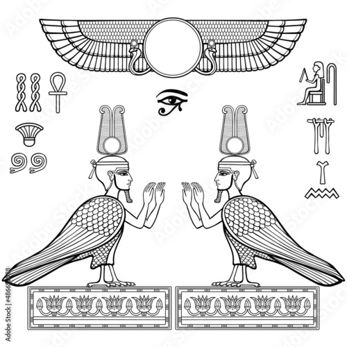 Animation linear drawing: set of Egyptian symbols. Falcon with a human head and hands. Vector illustration isolated on a white background. 