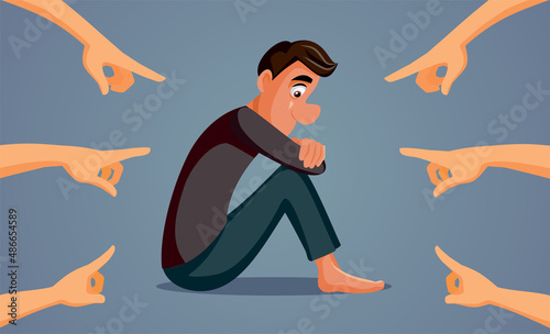 Fingers Pointed at Sad Depressed Man Vector Cartoon Illustration