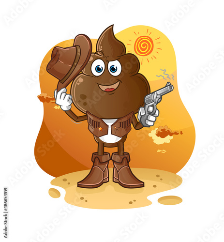 human shit head cartoon cowboy with gun character vector