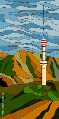 Vector template for stained glass window TV tower Kok tobe. Kazakhstan, Almaty, mountains.
