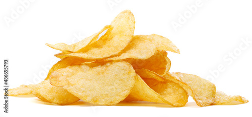 A slide of potato chips is isolated on a white background. Full clipping path.