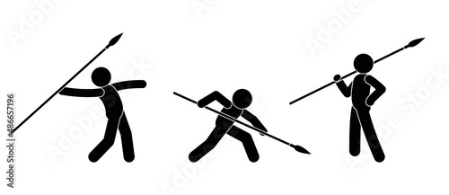 man throwing a spear, icon set people in different poses holding a spear, isolated human silhouettes, stick figure pictograms