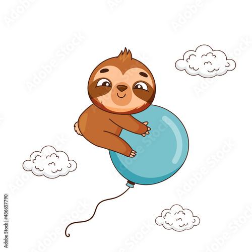 Smiling sloth flying on a blue balloon near the clouds. Vector illustration for designs, prints and patterns. Isolated on white background