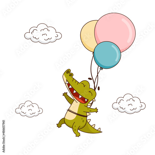 Happy crocodile flies on colorful balloons near the clouds. Vector illustration for designs, prints and patterns. Isolated on white background