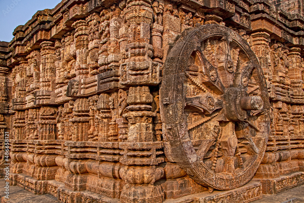 Konark Sun Temple is 13th-century temple at Konark in Odisha, India. Dedicated to the Hindu Sun God Surya, it has appearance of a 100 feet high chariot with immense wheels & horses carved from stone